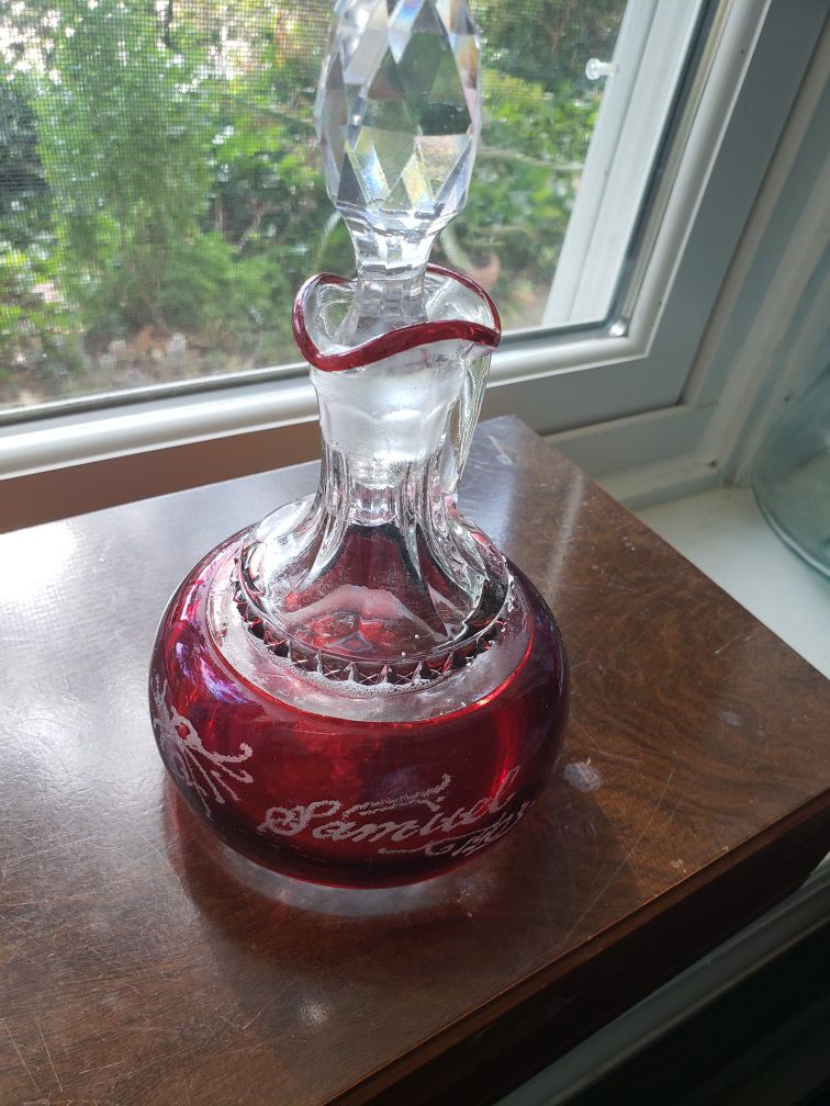 Antique Cranberry glass cruet 1903