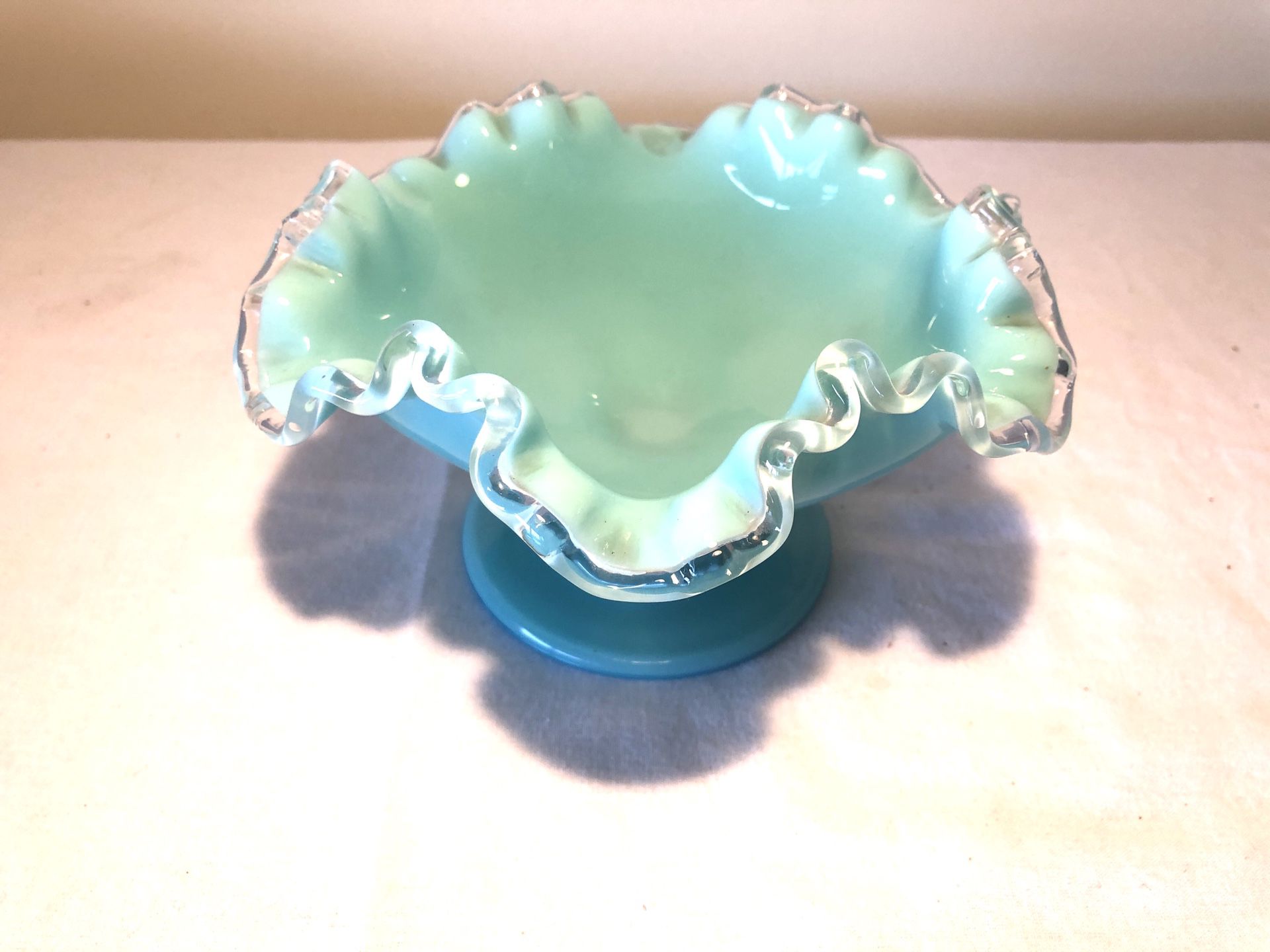 Vintage Fenton Glass Turquoise Ruffle Edge Bowl