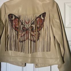 G by Guiliana Faux Leather Fringe Jacket Butterfly Image Back western country M
