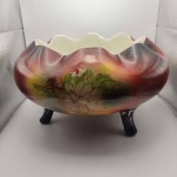 Vintage Hand Painted USONA Goodwin Nut Bowl 3 Footed Ruffled Edge 10" Diam