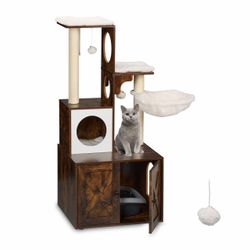 Multifunctional cat tower is constructed from dark-toned wood with a rustic grain finish. It has multiple levels including a top perch with a white pl