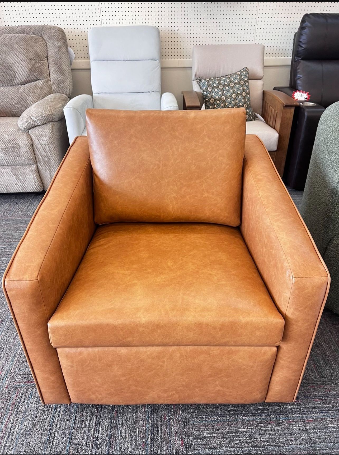 Steele Swivel Accent Chair, Camel Faux Leather, New
