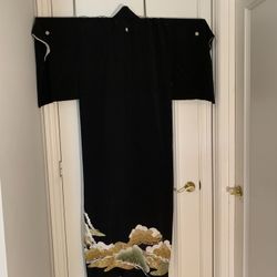Vintage Japanese Tomesode Black Kimono Formal Robe Silk 