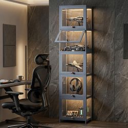 68" Tall 5-Tier Slim Narrow Clear Display Cabinet, Gray Bamboo, Transparent, Acrylic Door Curio Cabinet Display Case
