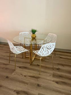 Round Dining Table Set Gold Chrome 4 Chairs Brand New