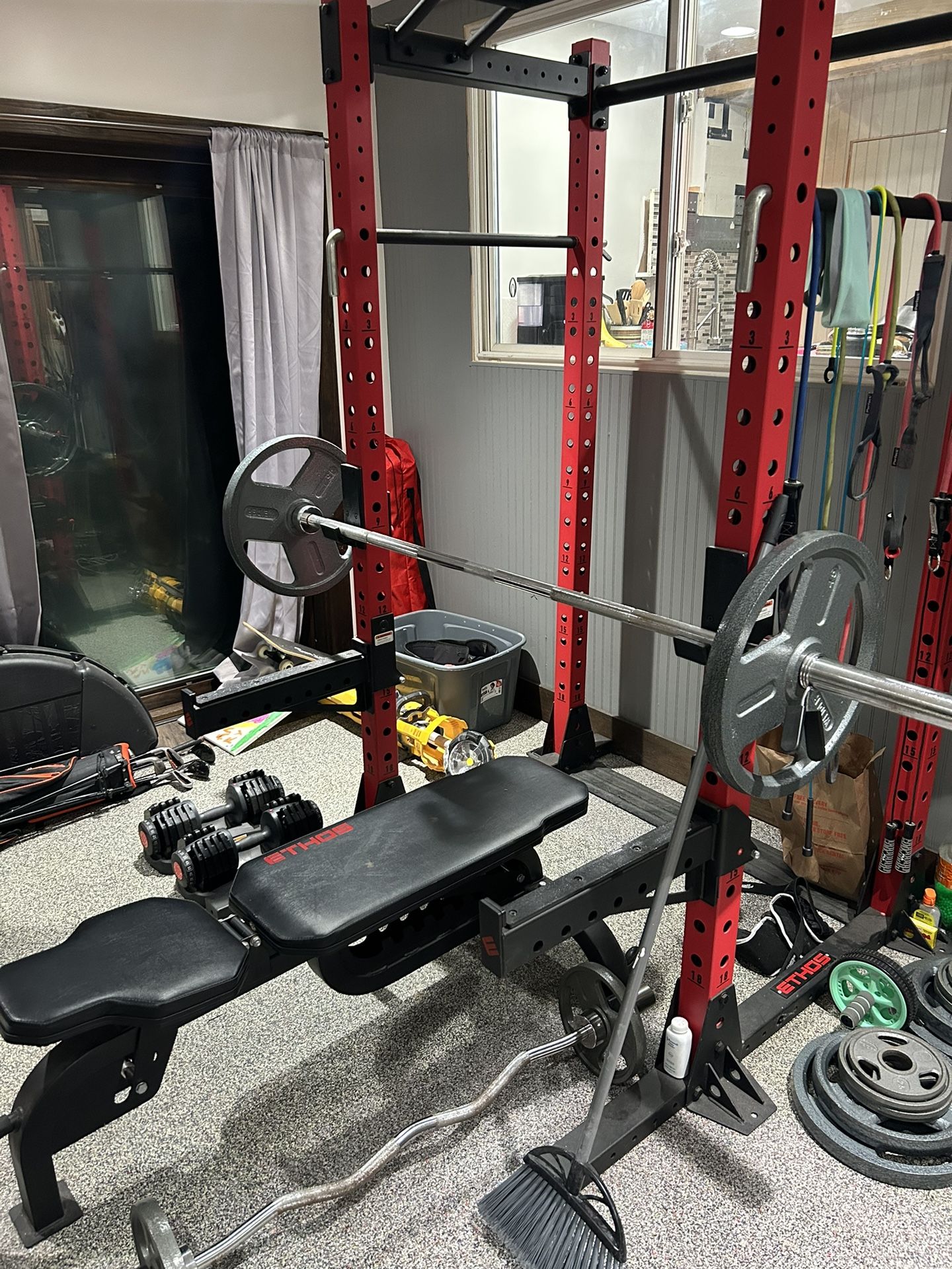 Free Weight Bench,310 Lb Weights And Curl Bar And Power Rack