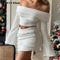 Fluffy White Off shoulder Top & Skirt 
