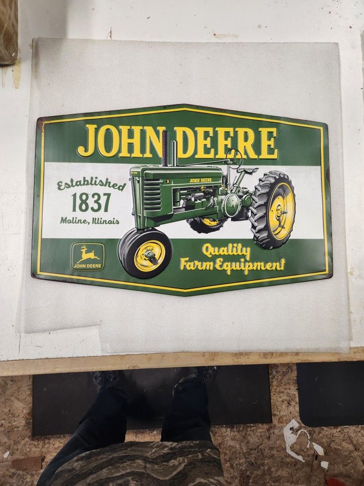 John Deere Farm Tractor Equipment Embossed Metal Sign