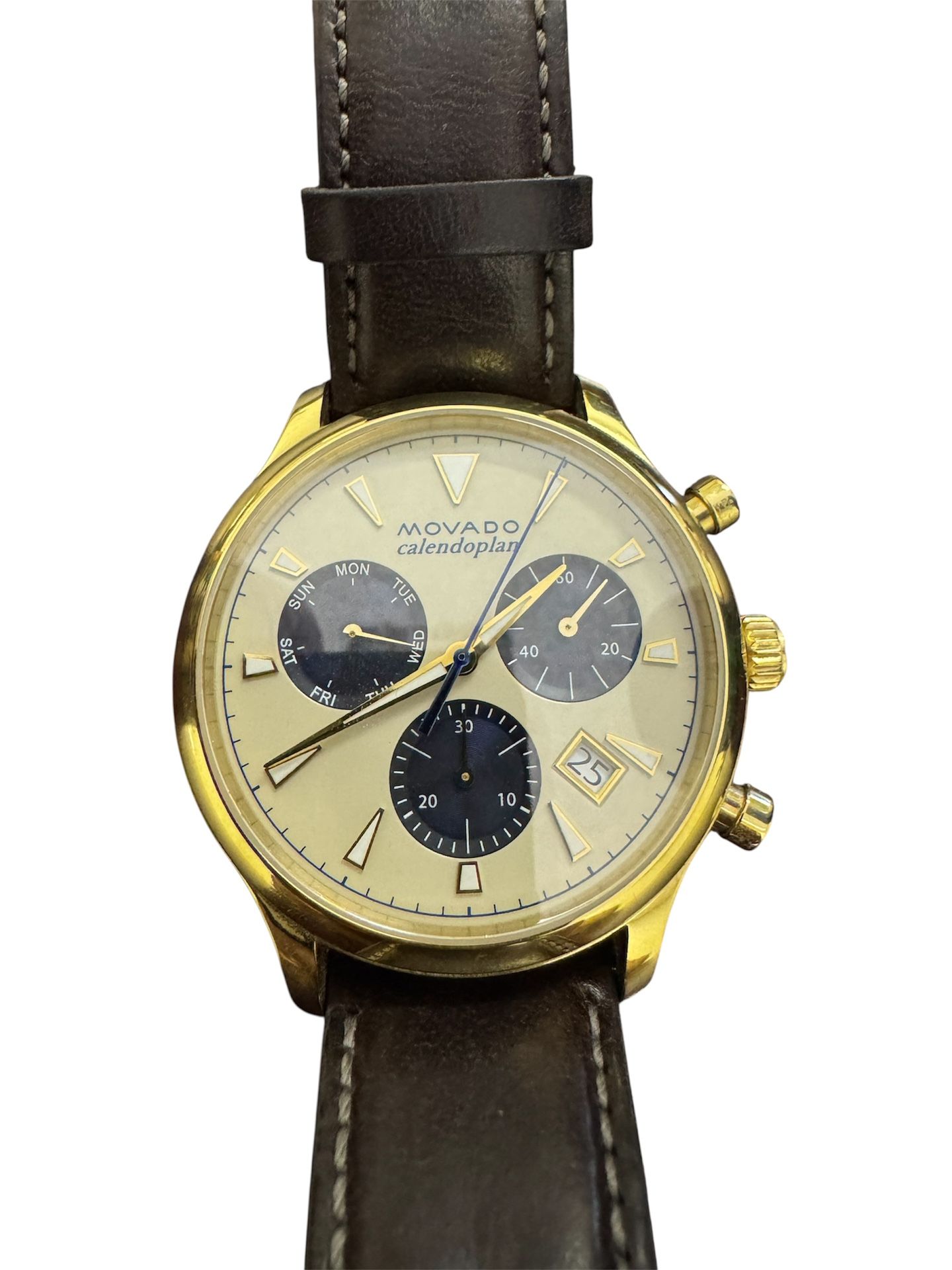Movado Calendoplan Chronograph Watch - Gold Case & Leather Strap