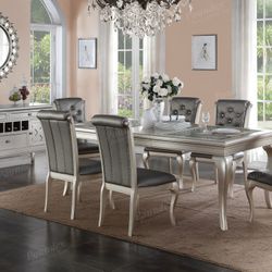 Brand New Silver & Grey 7pc Formal Dining Table Set