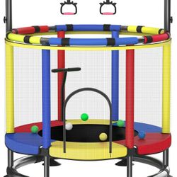 Trampoline for Kids, Full Anti-Rust Anti-Rollover Round Bottom Toddler Trampoline, T-handrail Adjustable Baby Toddler Trampoline Basketball Dart Board