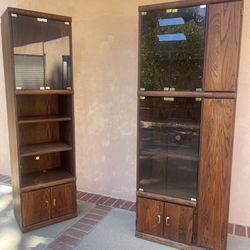 Wooden Bookshelves with Glass Doors Cabinets and Lights