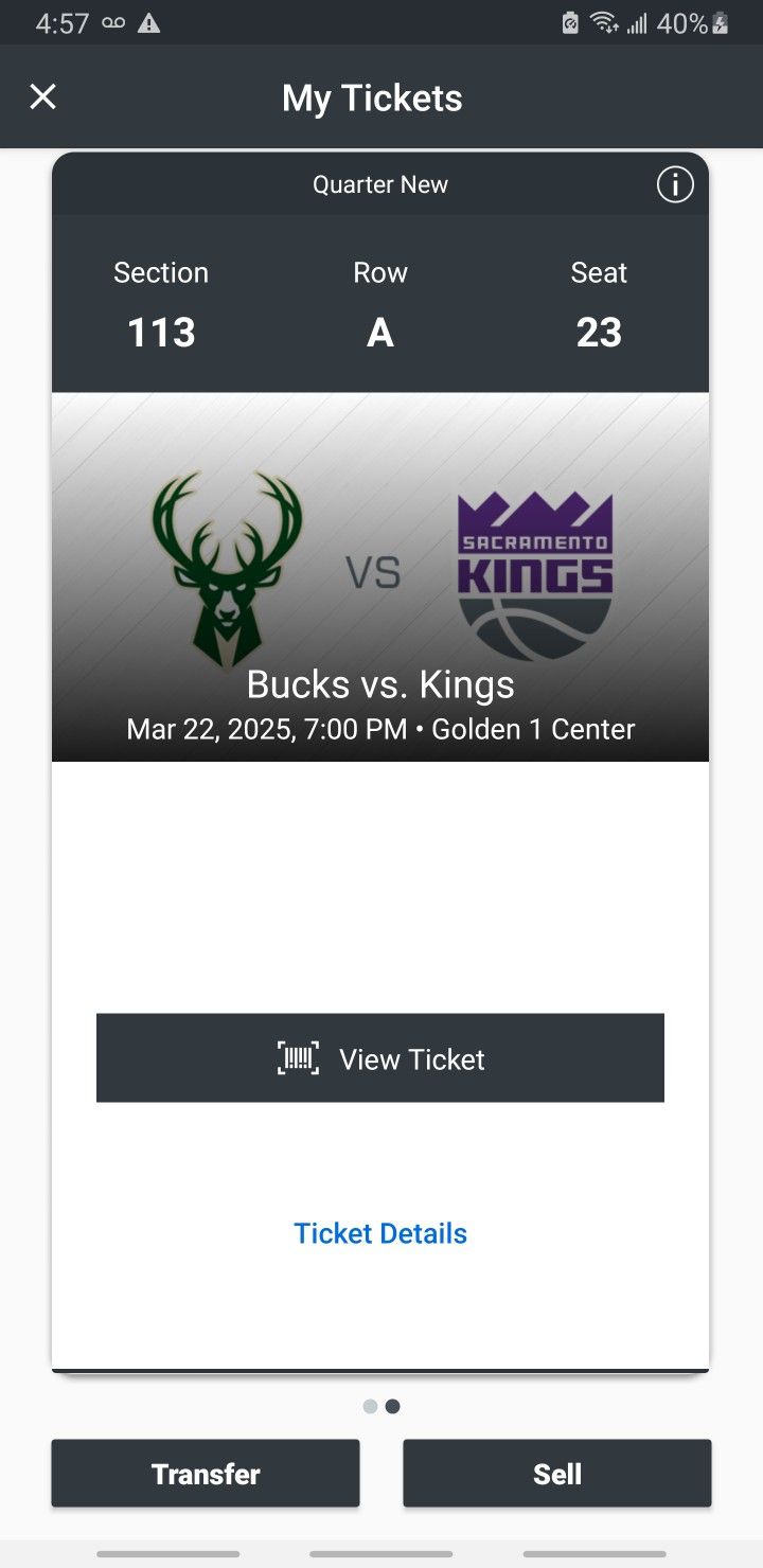2 Kings vs Bucks tickets tonight 03/22/2025 $250 each