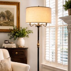 Grandmillennial Vintage Heirloom Brass Floor Lamp Linen Shade Ornate Character Statement English Cottage 