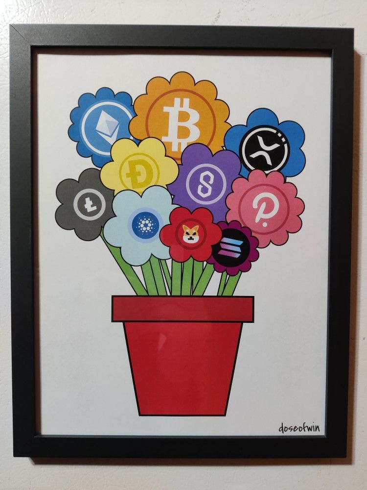 Crypto flower pot wall art btc xrp shib doge eth ltc home decor financial motivation