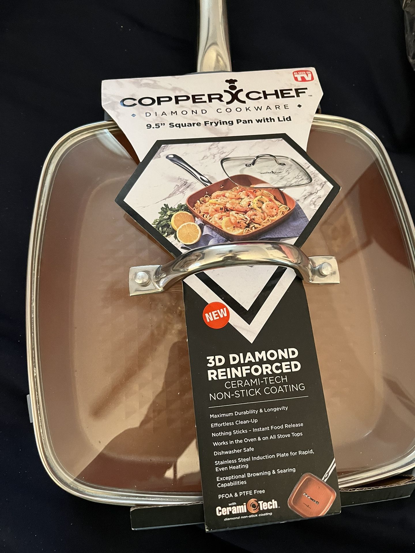 Brand New Copper Chef ~ 9.5” Square Non-Stick DEEP Fry Frying Pan Glass Lid