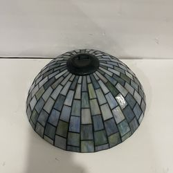 Meyda Tiffany-style blue slain glass lamp shade in a geometric pattern 14.5” D H