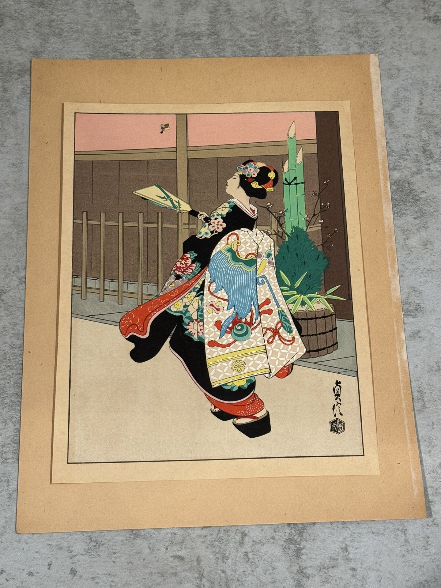 Japanese Woodblock Print by Sadanobu Hasegawa III "Maiko Playing Hanetsuki Game”