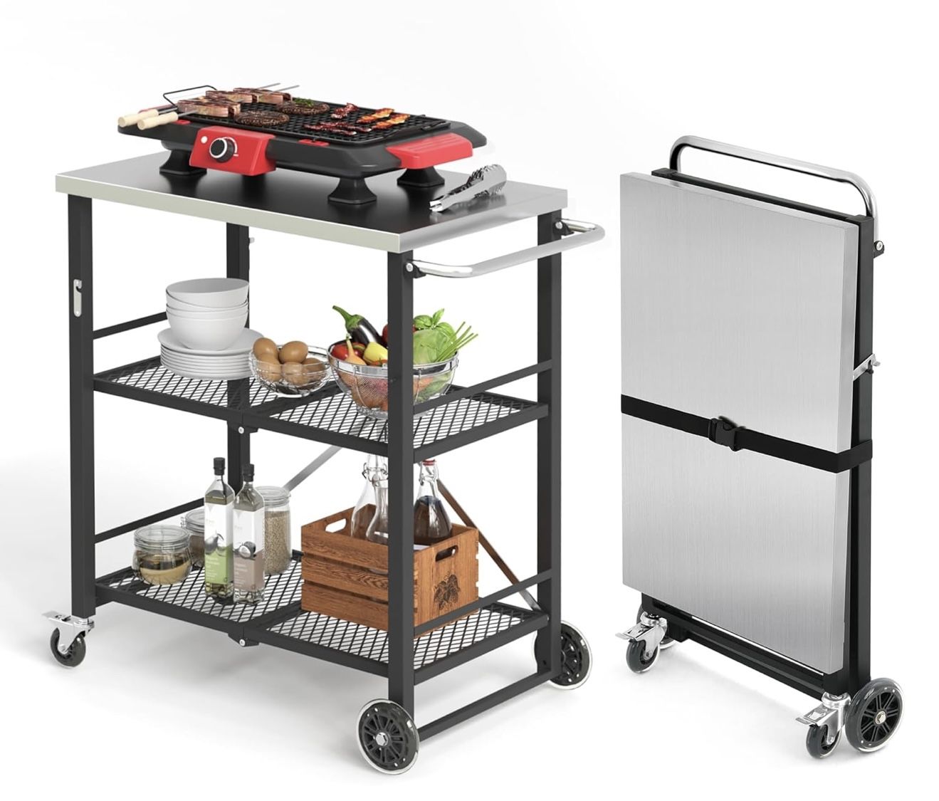 Foldable Outdoor Grill Cart with 2 Total Lock Casters, Stainless Steel Pizza Oven Stand, Rolling BBQ Table and 3 Shelf Folding Kitchen Island, Black
