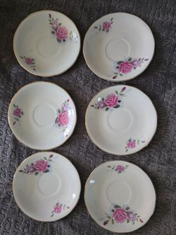 Vintage Floral Porcelain Tea Cup Saucers Set of 6 Pink Rose Gold Trim
