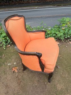 Vintage French provincial, Bergerie armchair, orange, upholstery carved wood frame