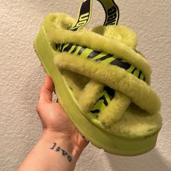 Lime Green And Zebra Print Platform UGG Slippers Size 8