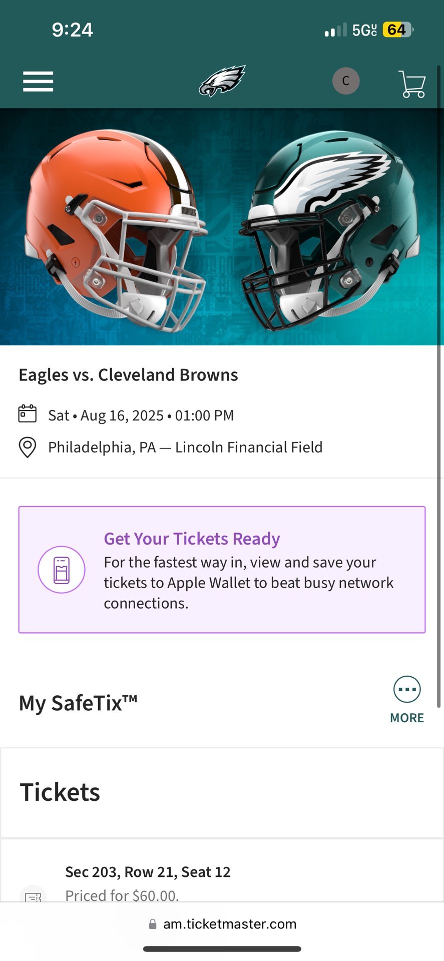 Pair of Eagles Tickets Preseason Game Cleveland Browns vs Philadelphia Eagles 
