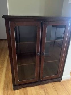 Vintage Petite Glass Double Door 3 Shelf Wood Bookcase