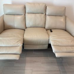 Beige Leather Electric Recliner 3-Person Sofa