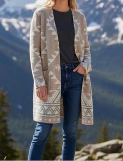 NEW Women's Long Aztec Print Cardigan Sweater L