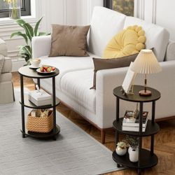 Small Round Side Table - 3-Tier Round Accent Table for Small Spaces, Rustic Wood and Metal Couch End Table