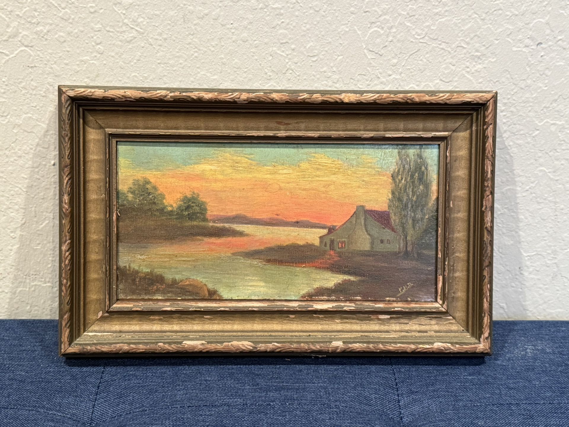 Antique c1920s Rural Sunset River Homestead Scene Monogram-signed M.M.D
