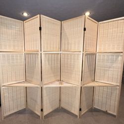 6-Panel Natural Bamboo Room Divider with Shelves - Brand New