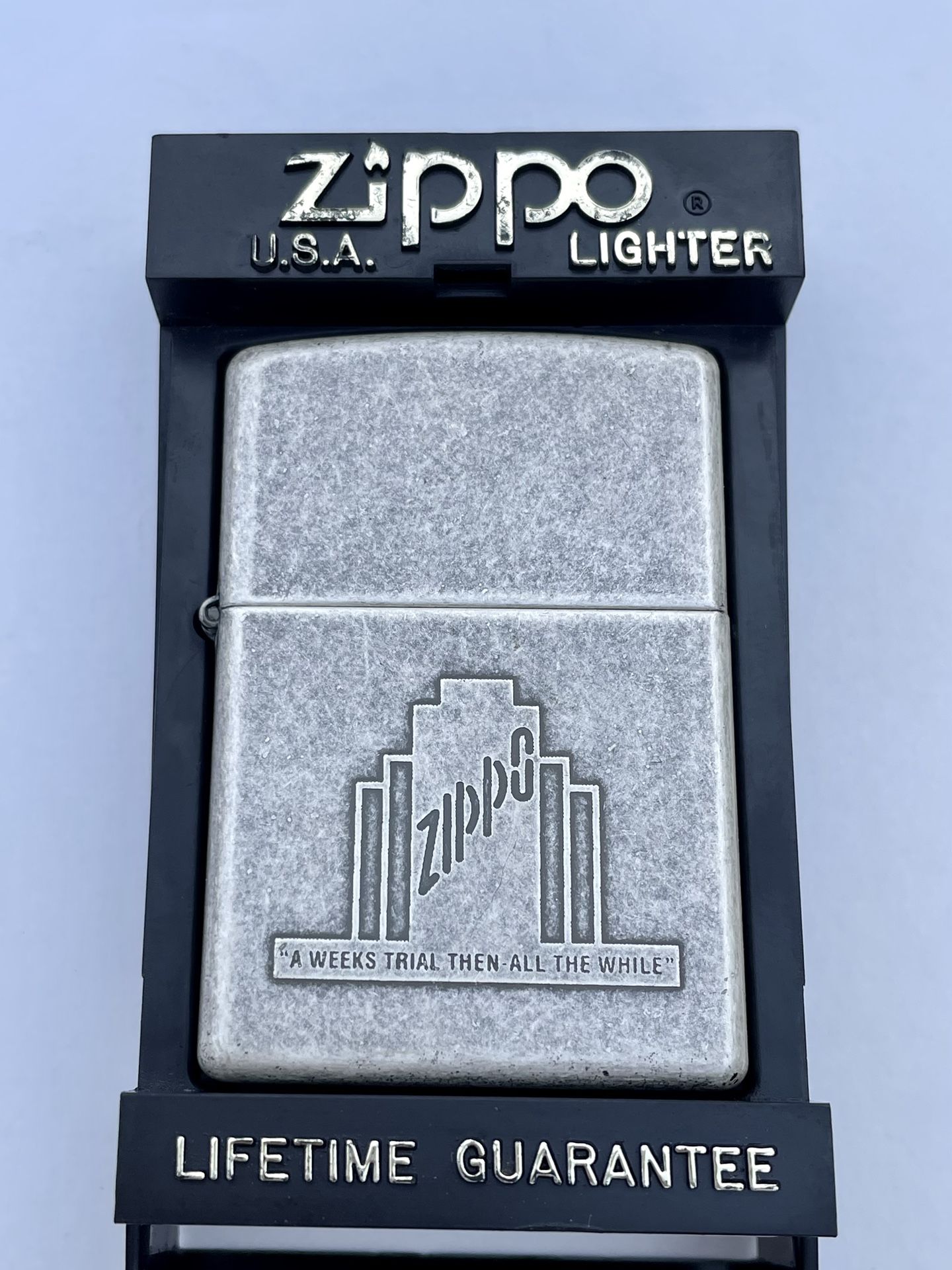 Trades or Cash 1998 Vintage Zippo - "A Weeks Trial Then All The While" Silver Plated