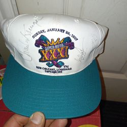 Vintage super bowl 31 New Orleans Superdome hat autographed by Charlie Kruger Glen carino and ed to tall Jones