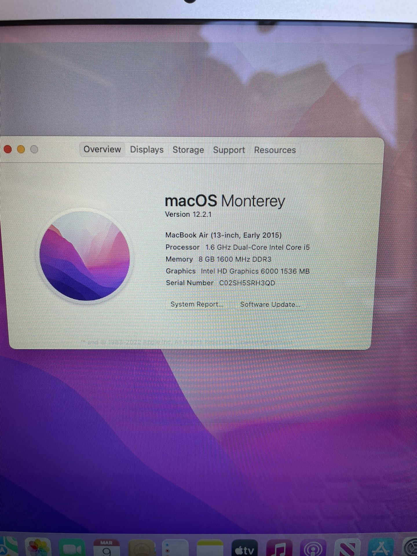 2015 Apple MacBook Air i5 8GB RAM 128GB SSD Webcam WiFi Bluetooth 13.3” macOS Monterey