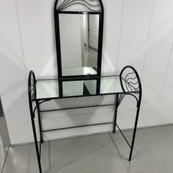 Vintage Black Metal & Glass Vanity Table with Arched Mirror