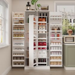 42-Shelf White Wood Food Pantry Organizer with Rotating Racks and Door-Mounted Storage, Freestanding Kitchen Cupboard
