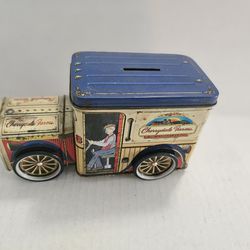 Vintage Cherrydale Farms Fine Confections Farm Delivery Truck Shaped Tin Metal Coin Bank

