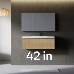 42 in. Single Sink Floating Natural Oak Bath Vanity with White Solid Surface Top Assemble