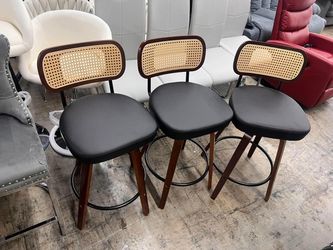 Set of 3 Counter Height Bar Stools - 26 inch Rattan Counter Height Stools with Cane Back, Upholstered Seat, Walnut Craftsmanship, Swivel Counter Stool