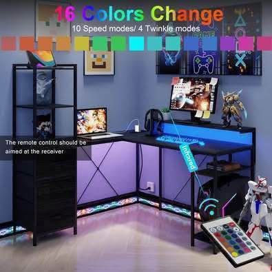 New Corner L Shaped Gaming Computer Desk with Power Outlets LED Lights Storage Shelves, Black