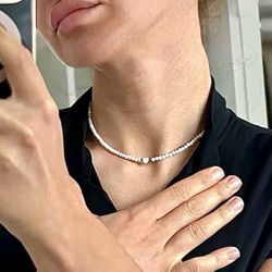 Dainty Mother Of Pearl Bead Choker Necklace 18K Gold-Plate Stainless Steel 14.5”