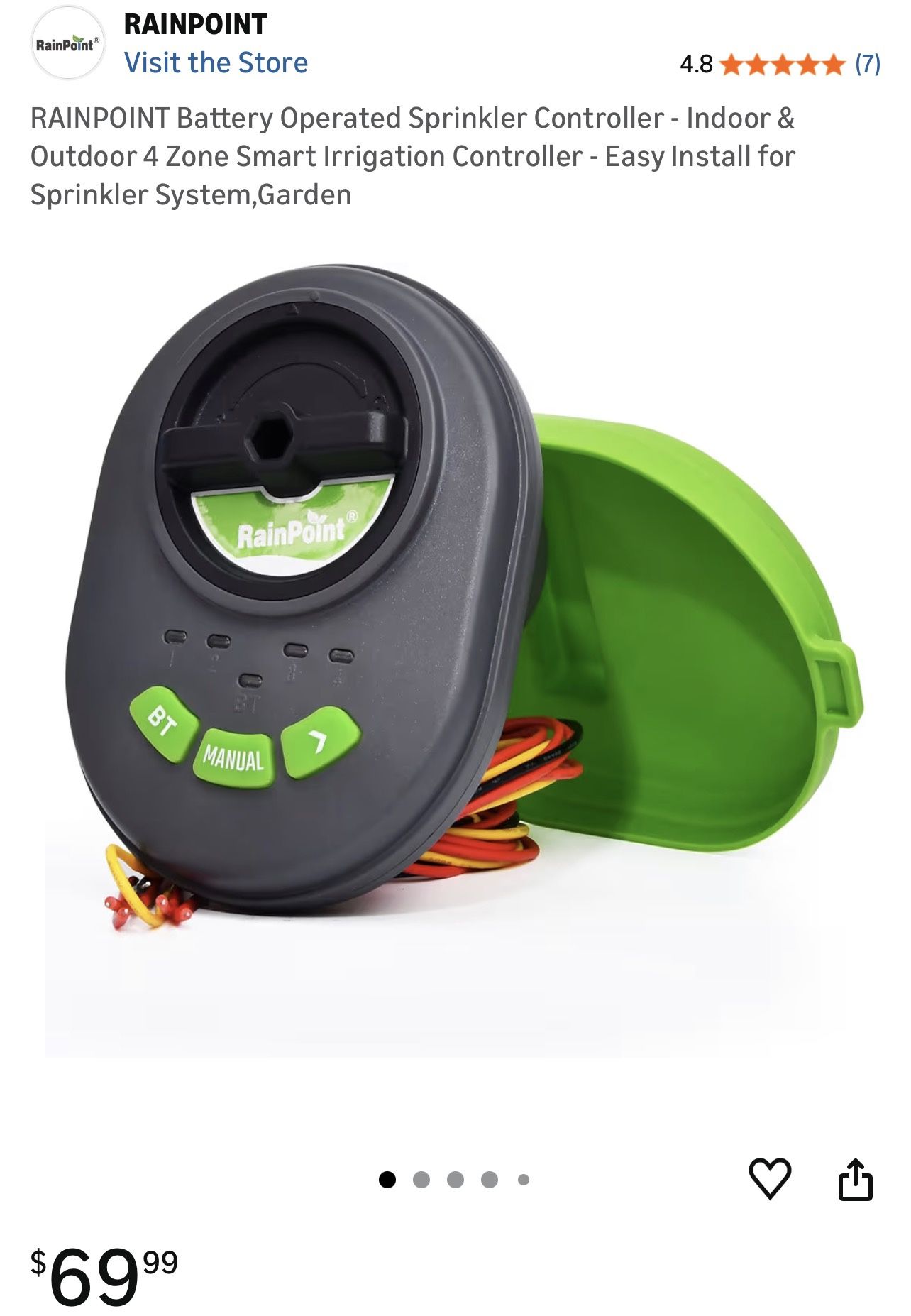 RAINPOINT Battery Operated Sprinkler Controller - Indoor & Outdoor 4 Zone Smart Irrigation Controller