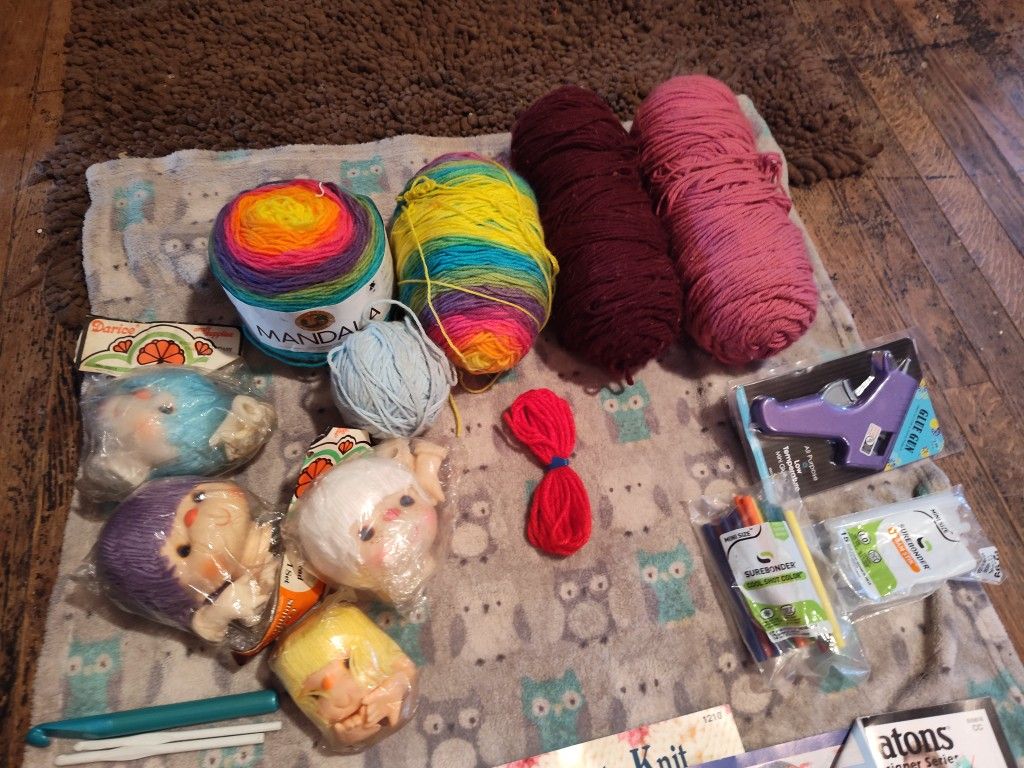 Yarn And Crochet Hooks And Doll Heads And Glue Gun And Glue Sticks Brand New