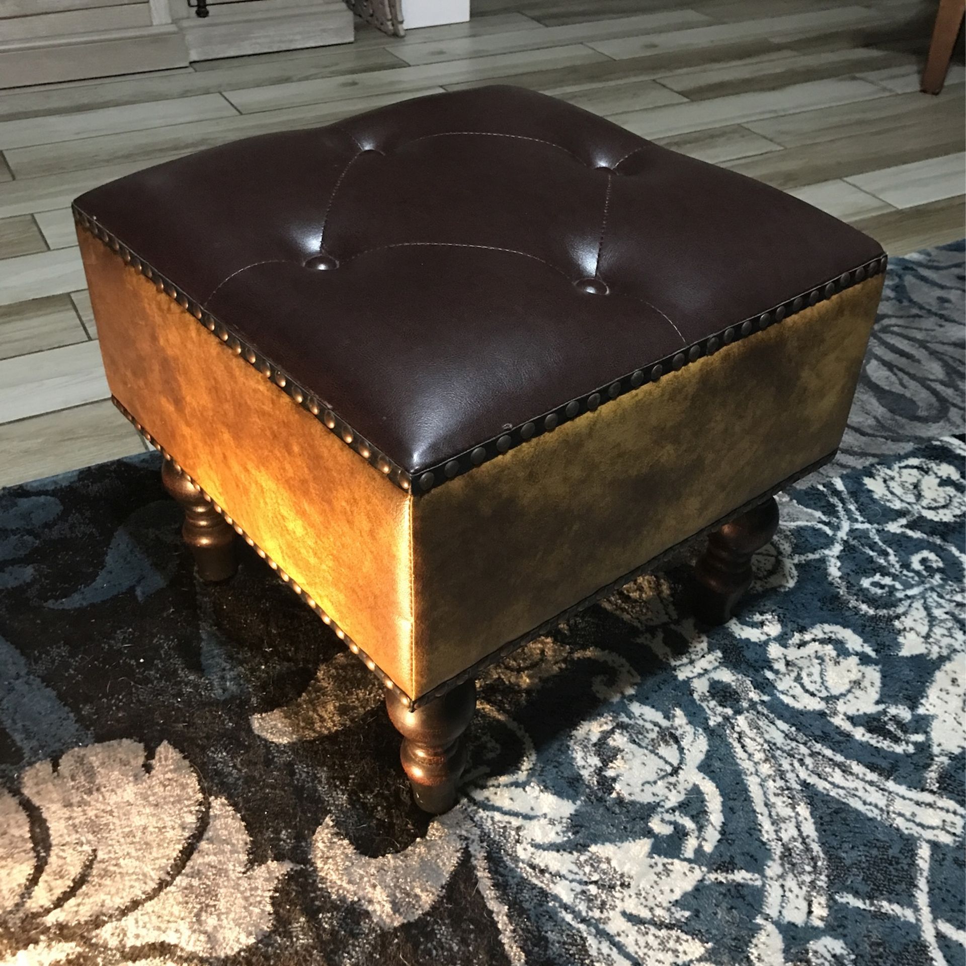 Leather/Wood Footrest Stool, Cushioned Ottoman Seat