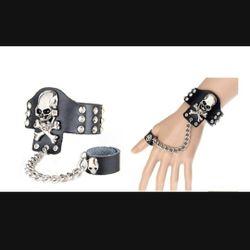 Punk Bracelet Gothic Skeleton: Faux Leather Bracelet Cuff Wristband with Ring