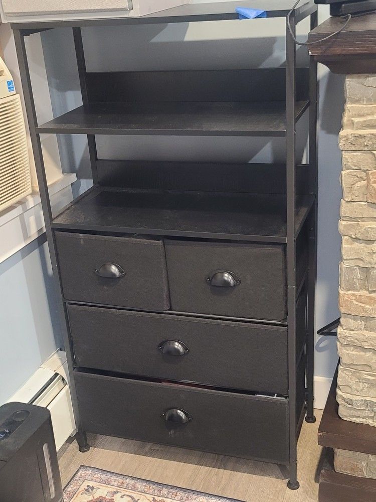 Vertical 4 Drawer Dresser Organizer with 3-Tiers Wood Shelf,Tall Fabric Storage Tower Unit, Sturdy Metal Frame Furniture,Fabric Bins for Bedroom