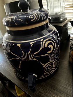 Blue & White Ceramic Beverage Dispenser with Spigot