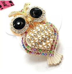 Pretty multi colored crystal owl brooch